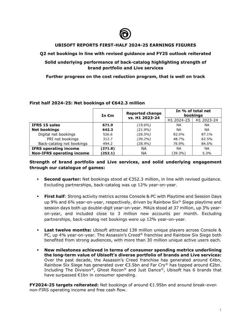 Cover of Ubisoft First-Half 2024-25 Earnings Figures