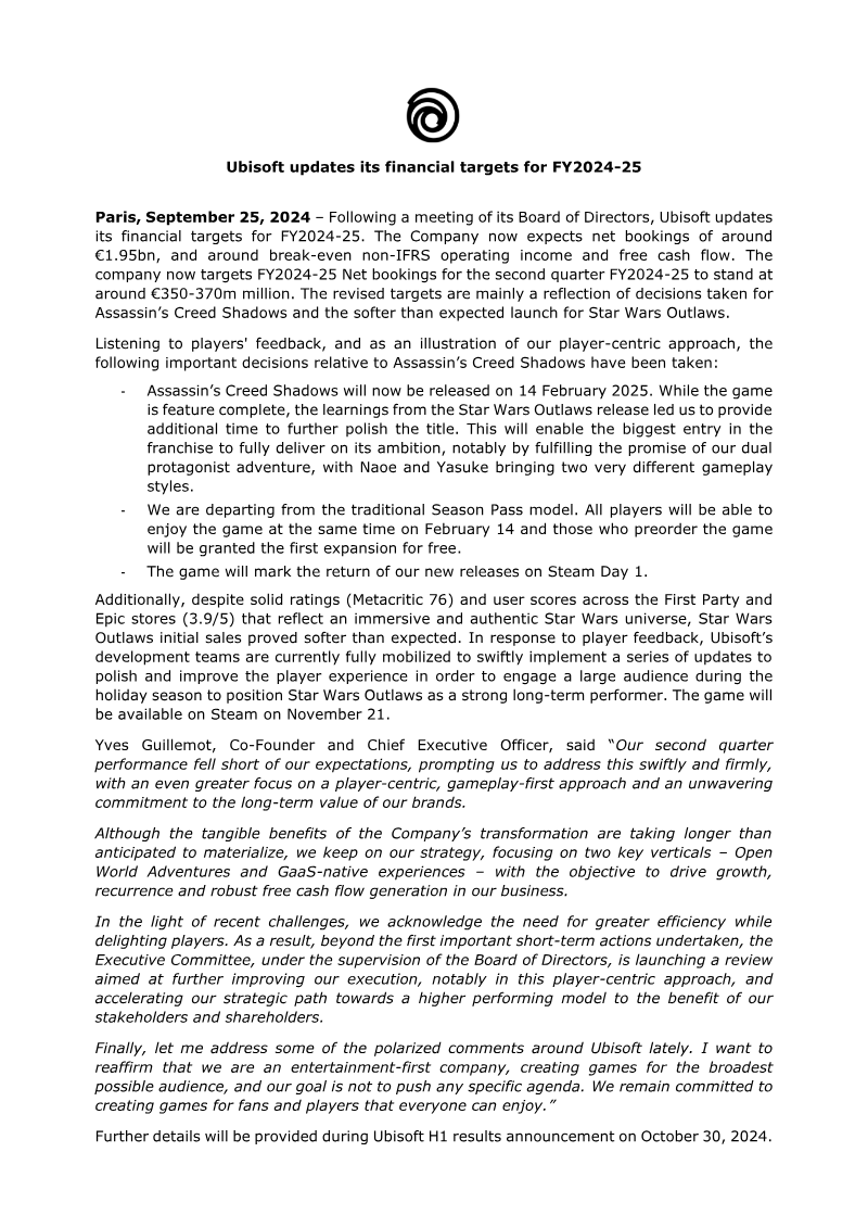 Cover of Ubisoft Updates Its Financial Targets for FY2024-25
