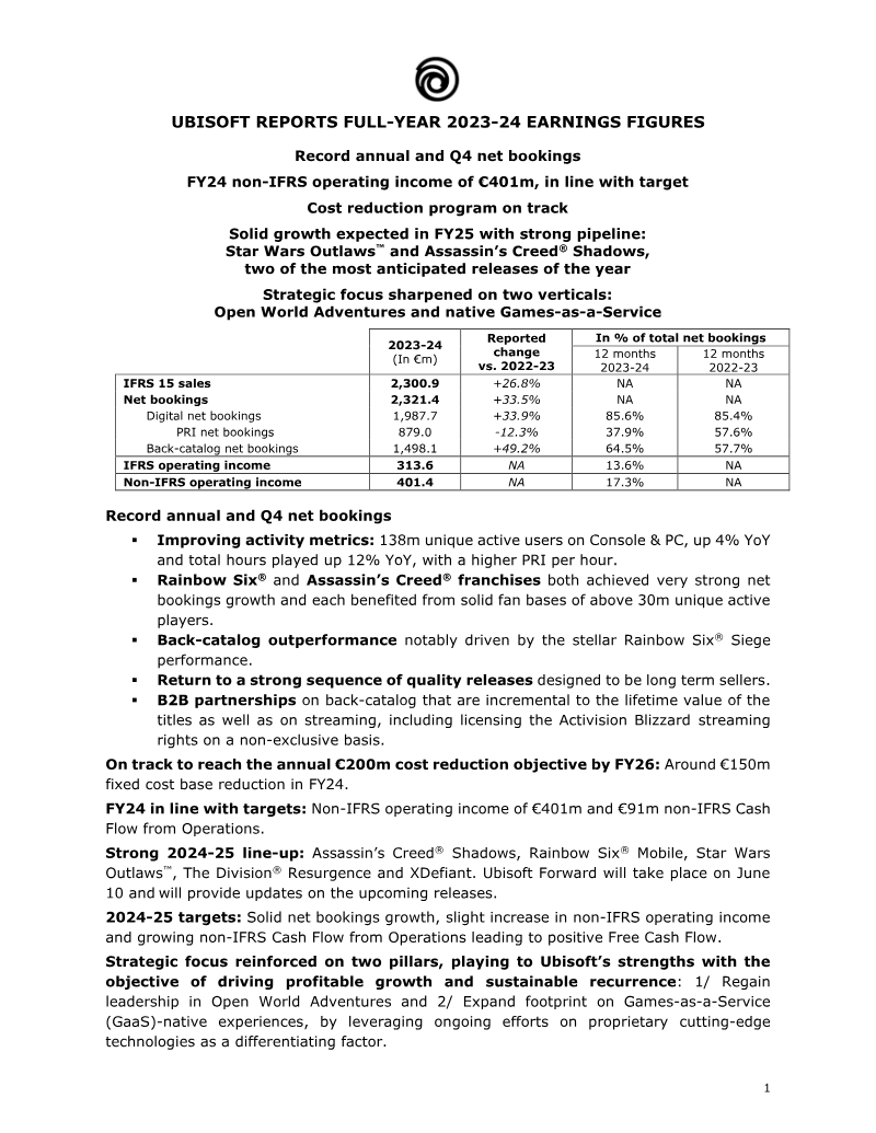 Cover of Ubisoft Full-Year 2023-24 Earnings Figures