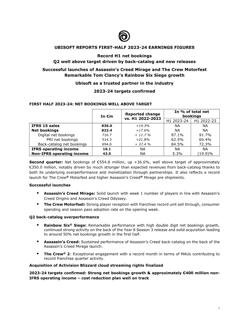 Cover of Ubisoft First-Half 2023-24 Earnings Figures