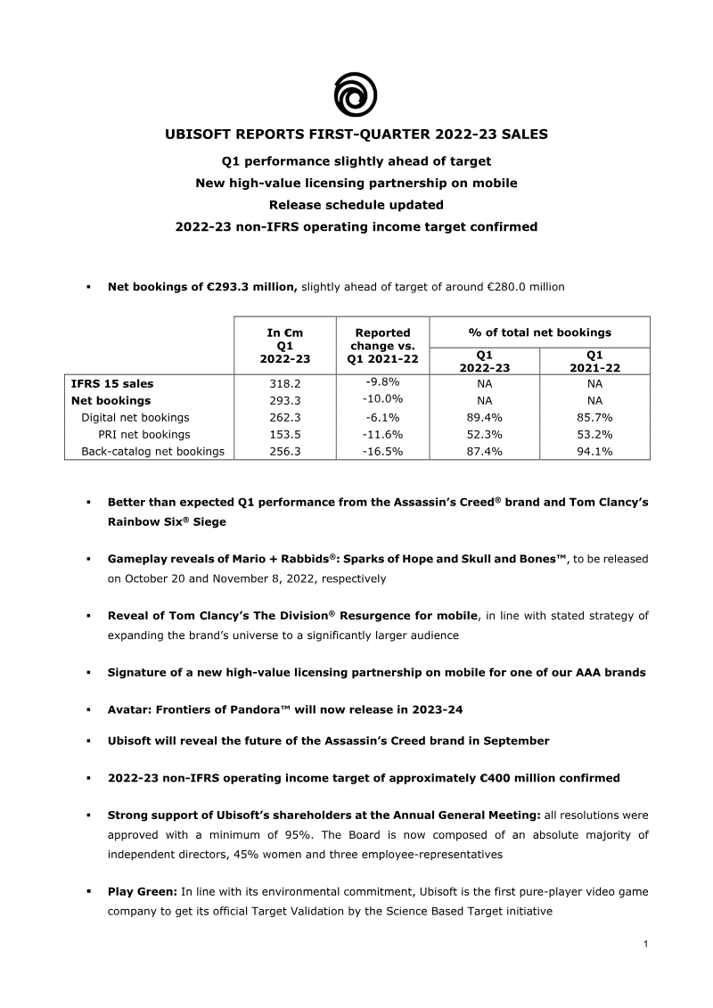 Cover of Ubisoft First-Quarter 2022-23 Sales