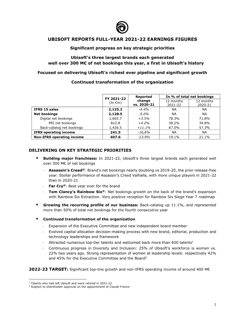 Cover of Ubisoft Full-Year 2021-22 Earnings Results