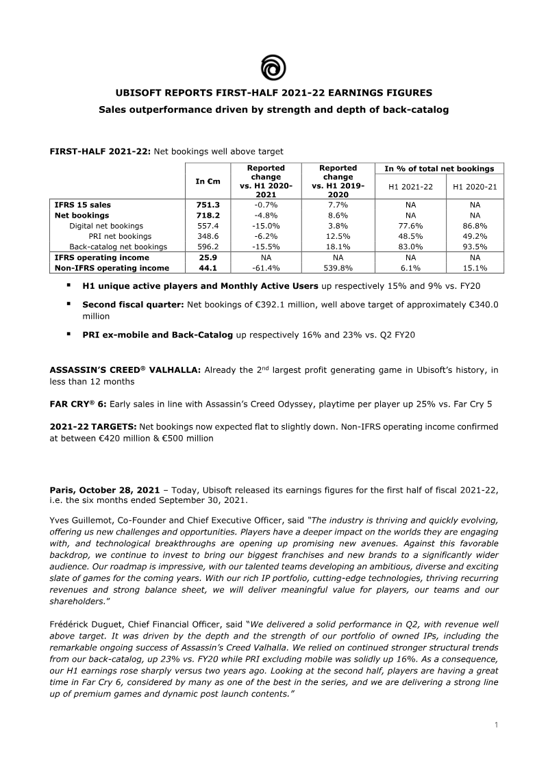 Cover of Ubisoft First-Half 2021-22 Earnings Figures: Sales Outperformance Driven by Back-Catalog