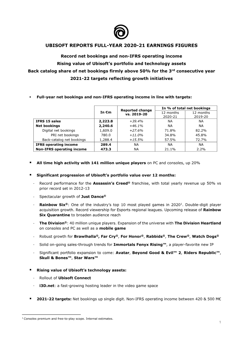 Cover of Ubisoft Full-Year 2020-21 Earnings Results