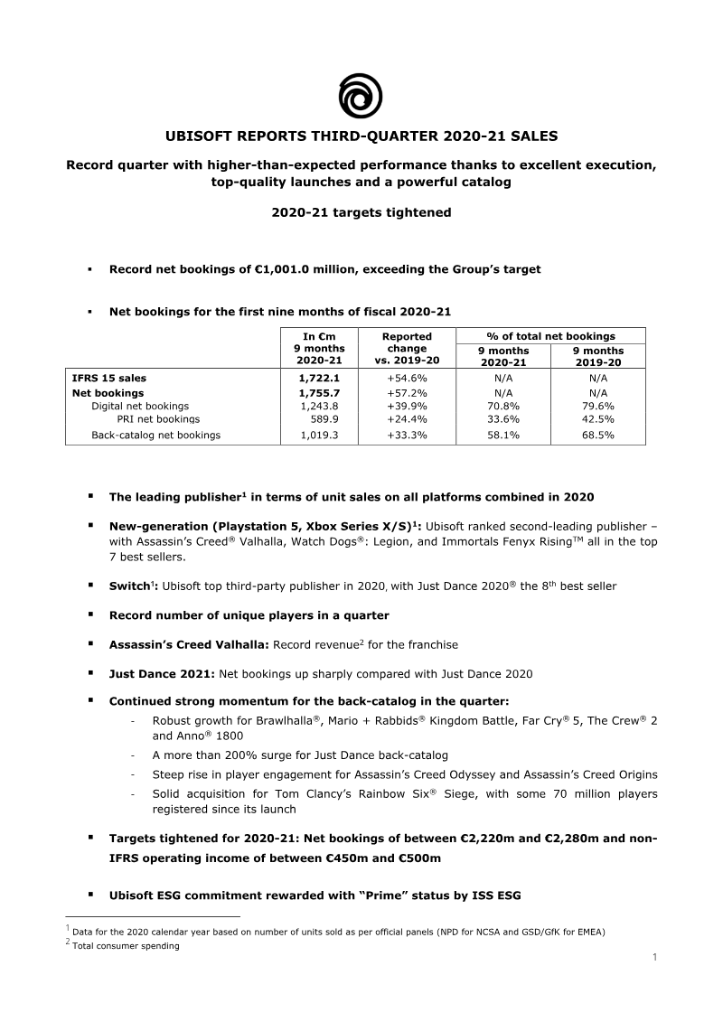 Cover of Ubisoft Third-Quarter 2020-21 Sales