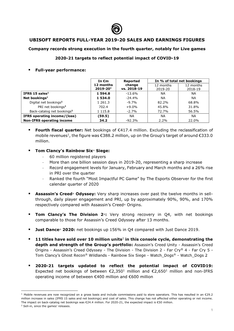 Cover of Ubisoft Full-Year 2019-20 Sales and Earnings Figures
