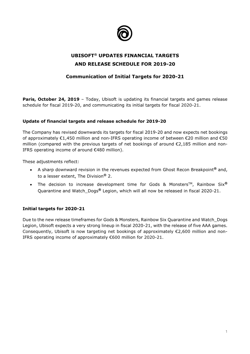 Cover of Ubisoft Updates Financial Targets and Release Schedule for 2019-20: Communication of Initial Targets for 2020-21