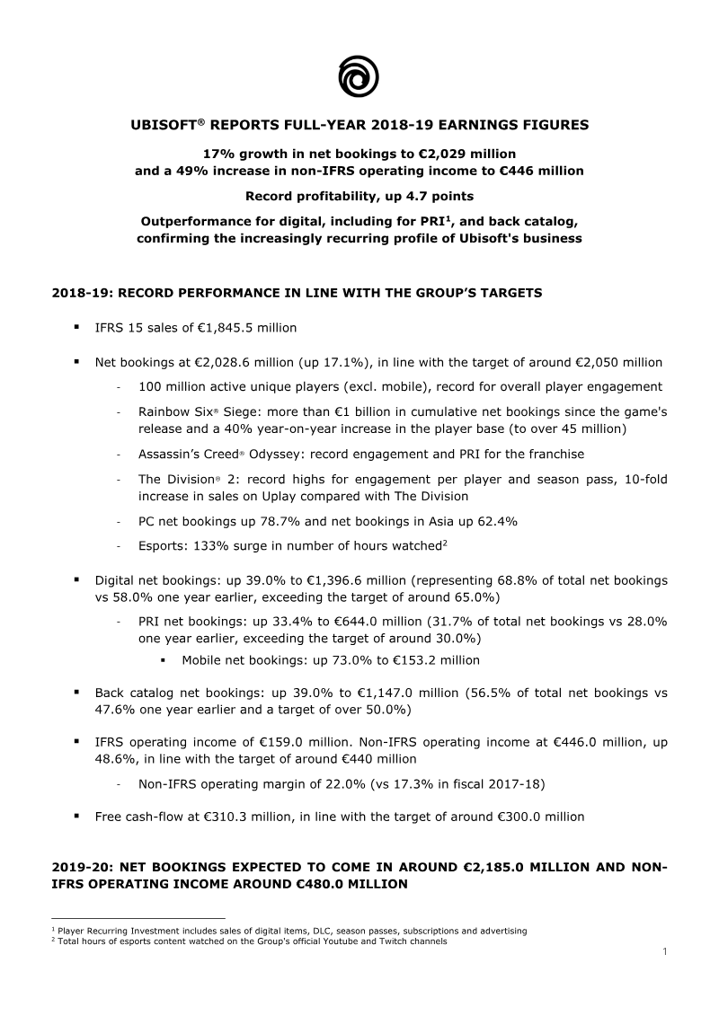 Cover of Ubisoft Full-Year 2018-19 Earnings Results