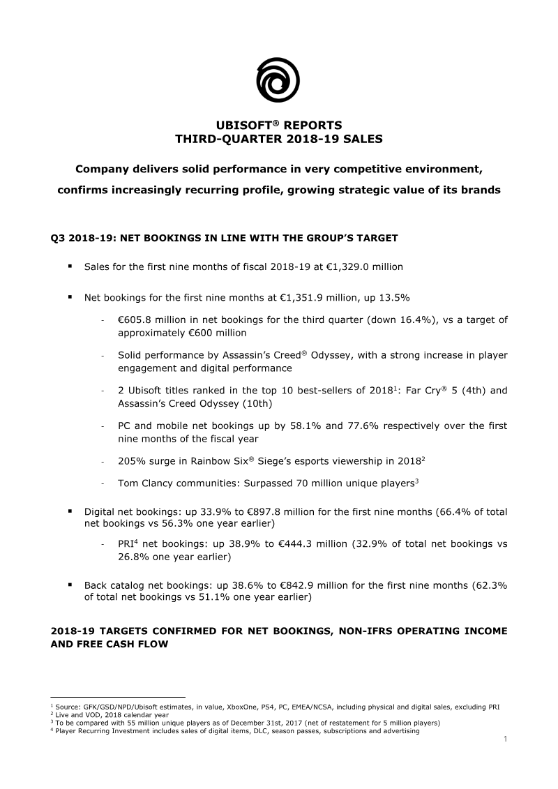 Cover of Ubisoft Third-Quarter 2018-19 Sales