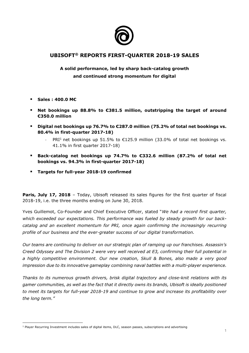 Cover of Ubisoft First-Quarter 2018-19 Sales