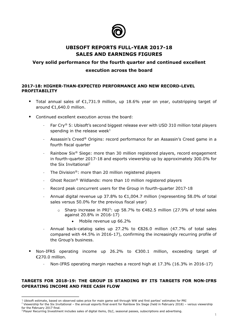 Cover of Ubisoft Full-Year 2017-18 Sales and Earnings Figures