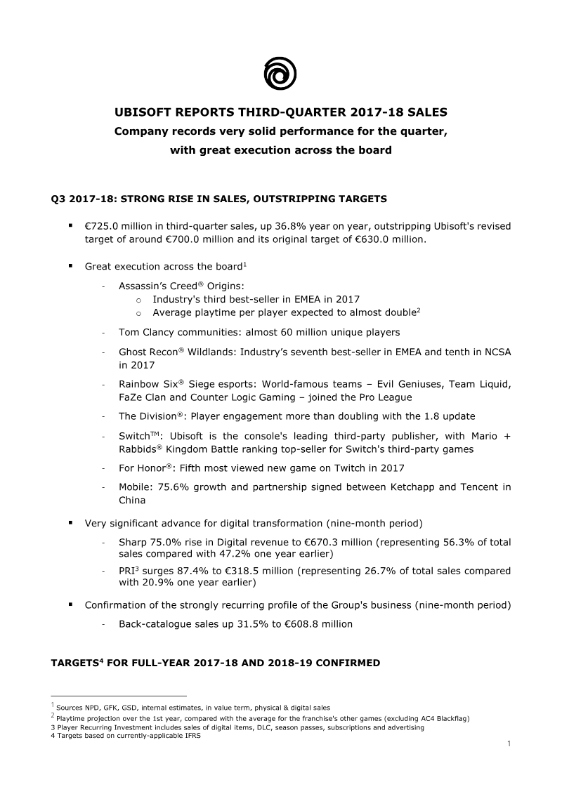 Cover of Ubisoft Third-Quarter 2017-18 Sales Results