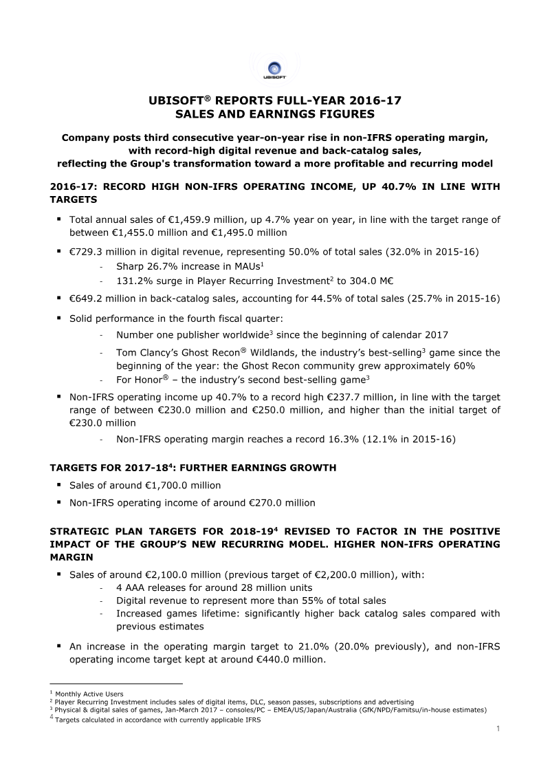 Cover of Ubisoft Full-Year 2016-17 Sales and Earnings Figures