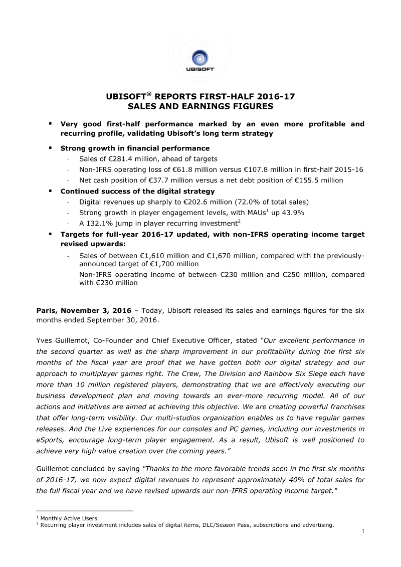 Cover of Ubisoft First-Half 2016-17 Sales and Earnings Figures