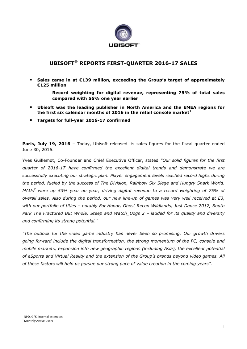 Cover of Ubisoft First Quarter 2016-17 Sales Results
