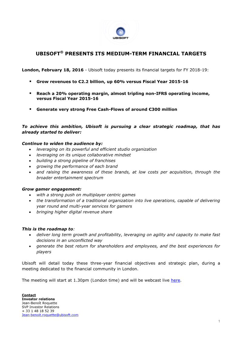 Cover of Ubisoft Medium-Term Financial Targets