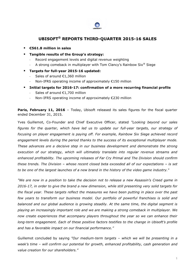 Cover of Ubisoft Reports Third-Quarter 2015-16 Sales