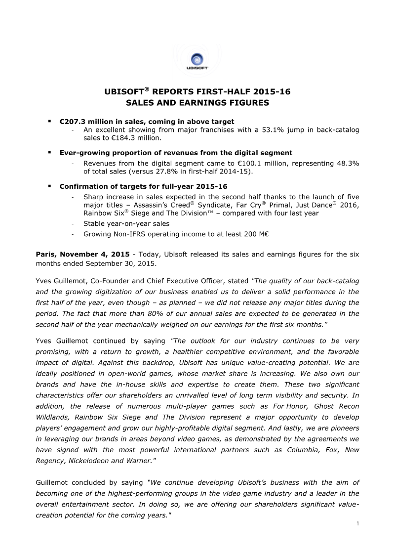 Cover of Ubisoft Reports First-Half 2015-16 Sales and Earnings Figures