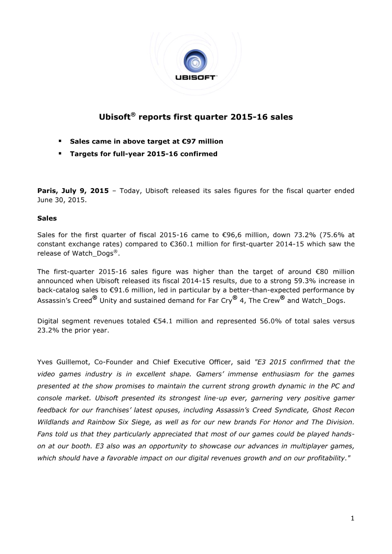 Cover of Ubisoft Reports First Quarter 2015-16 Sales
