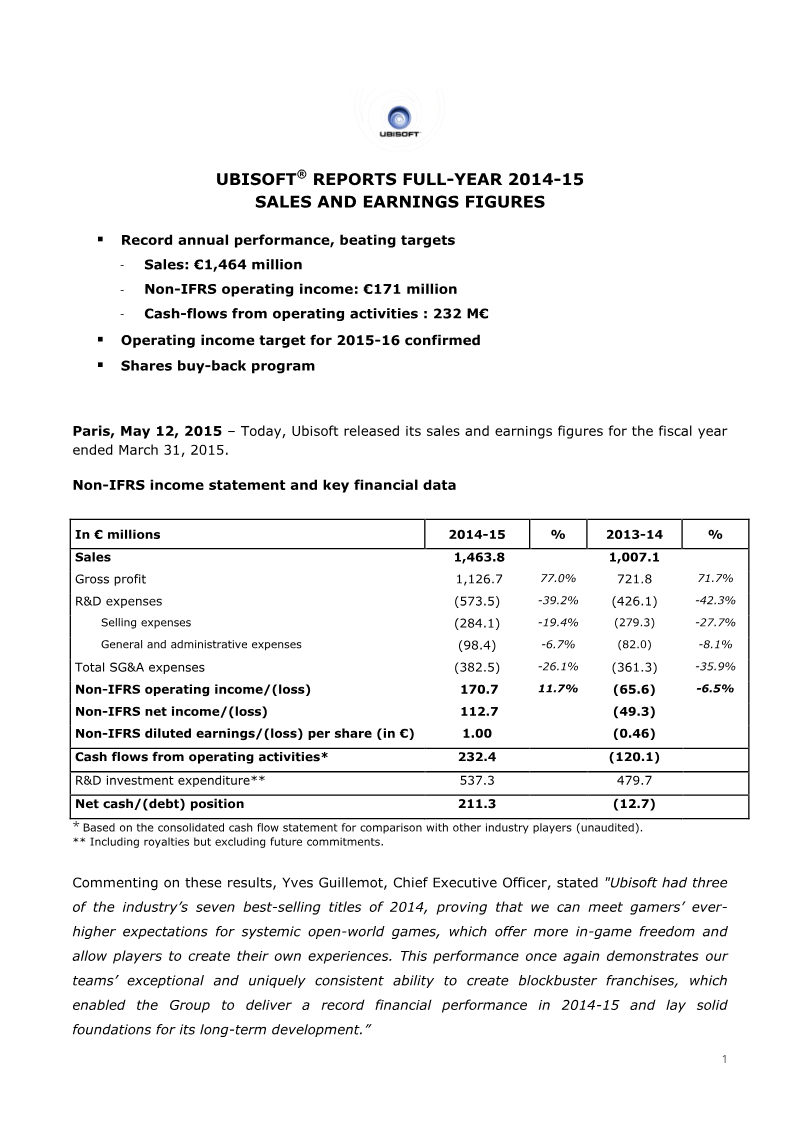 Cover of Ubisoft Full-Year 2014-15 Sales and Earnings Figures