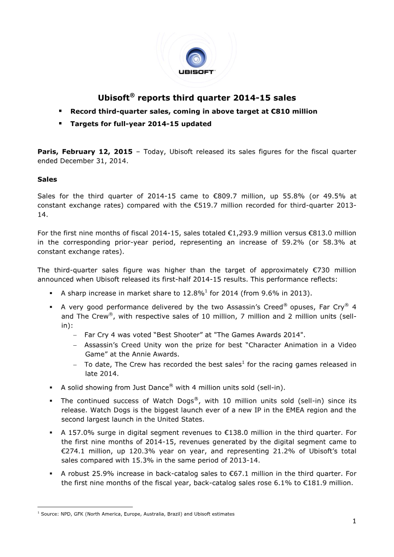 Cover of Ubisoft Third Quarter 2014-15 Sales Results