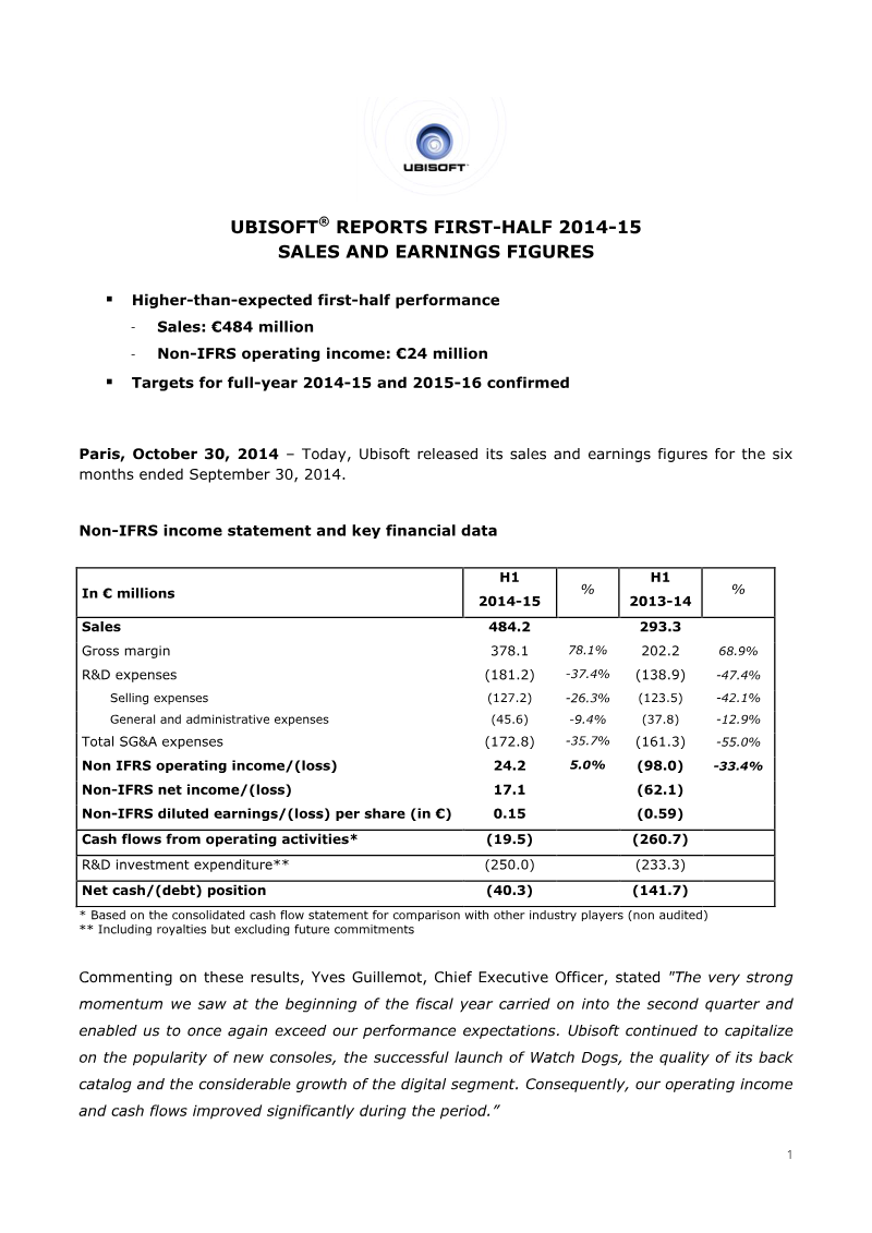 Cover of Ubisoft Reports First-Half 2014-15 Sales and Earnings Figures