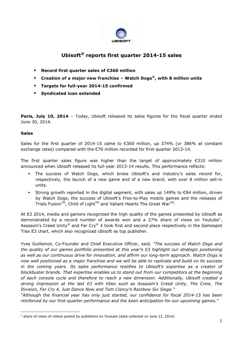 Cover of Ubisoft Reports First Quarter 2014-15 Sales