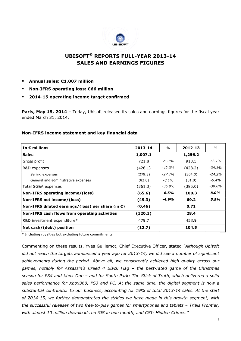 Cover of Ubisoft Full-Year 2013-14 Sales and Earnings Figures