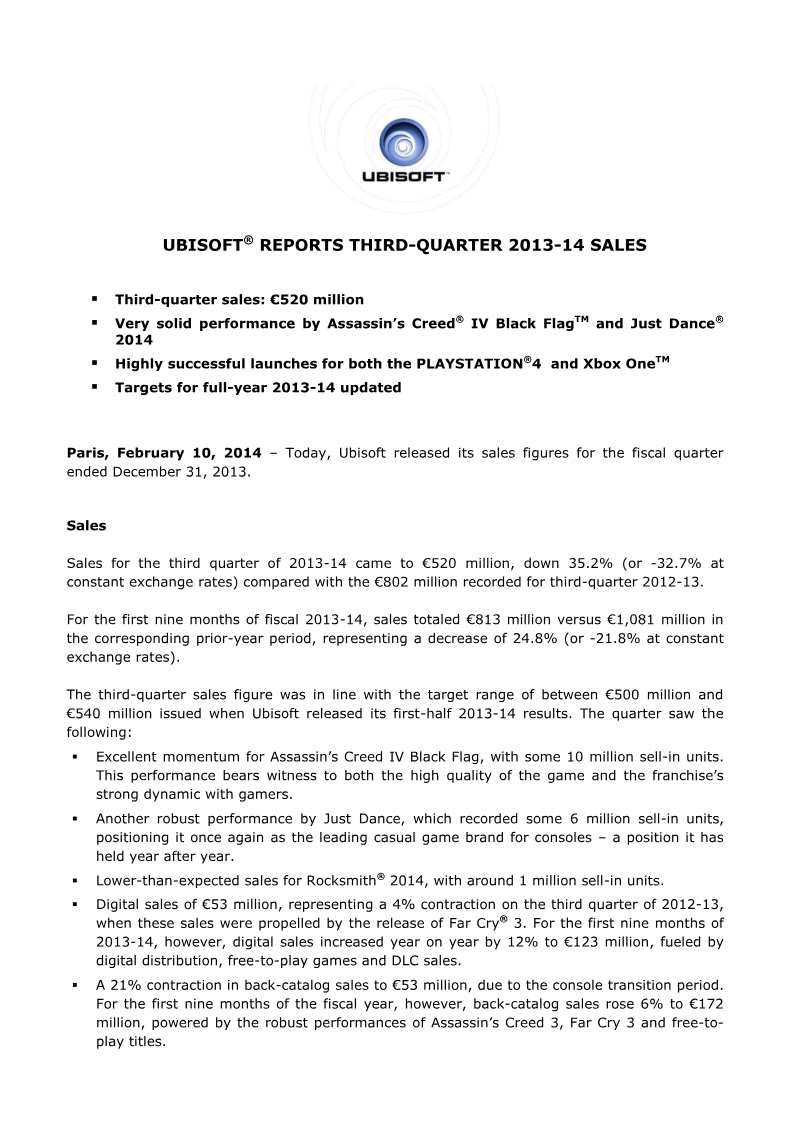 Cover of Ubisoft Reports Third-Quarter 2013-14 Sales