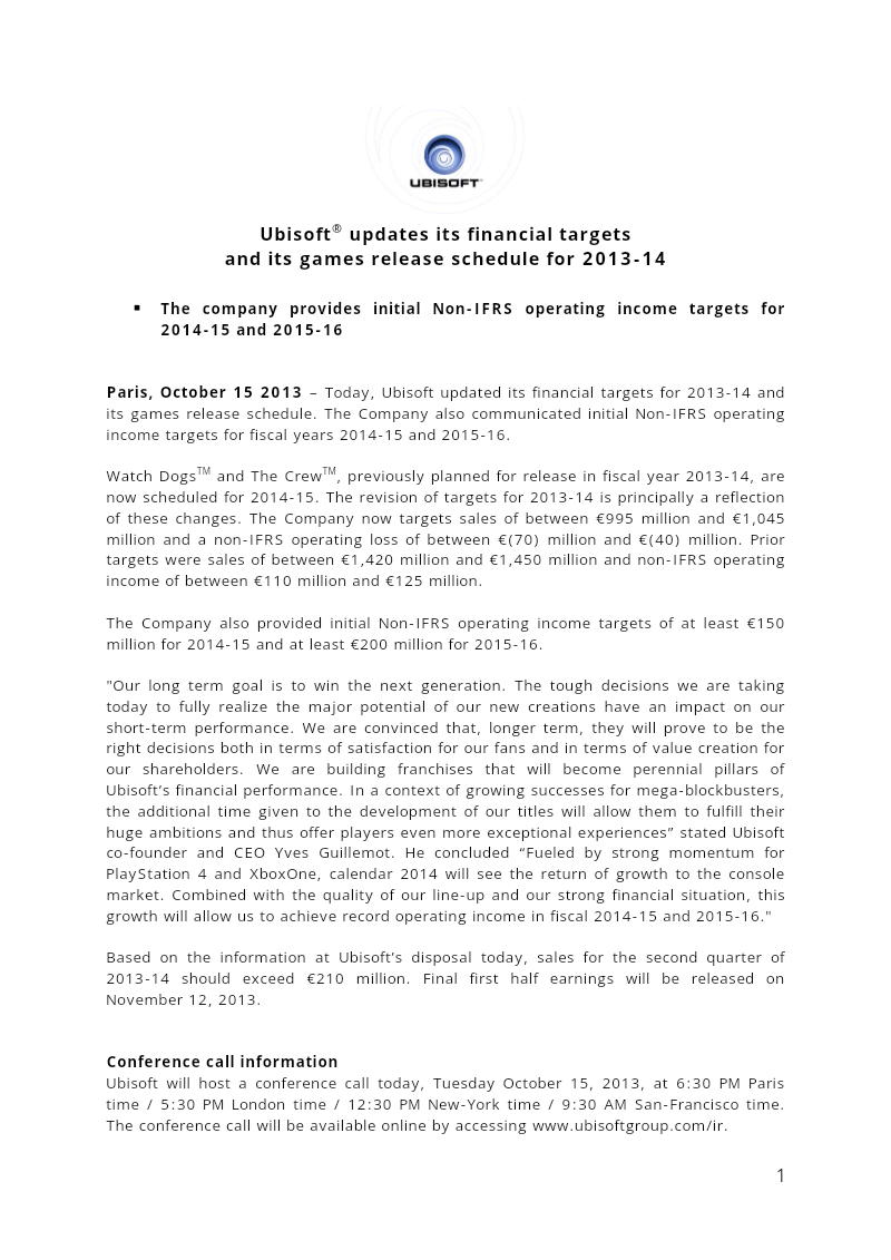 Cover of Ubisoft Updates Its Financial Targets and Games Release Schedule for 2013-14