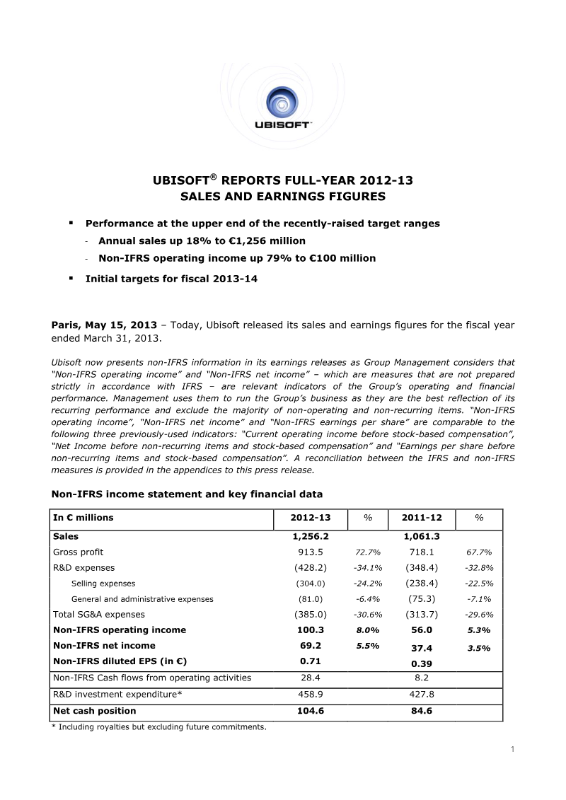 Cover of Ubisoft Full-Year 2012-13 Sales and Earnings Figures