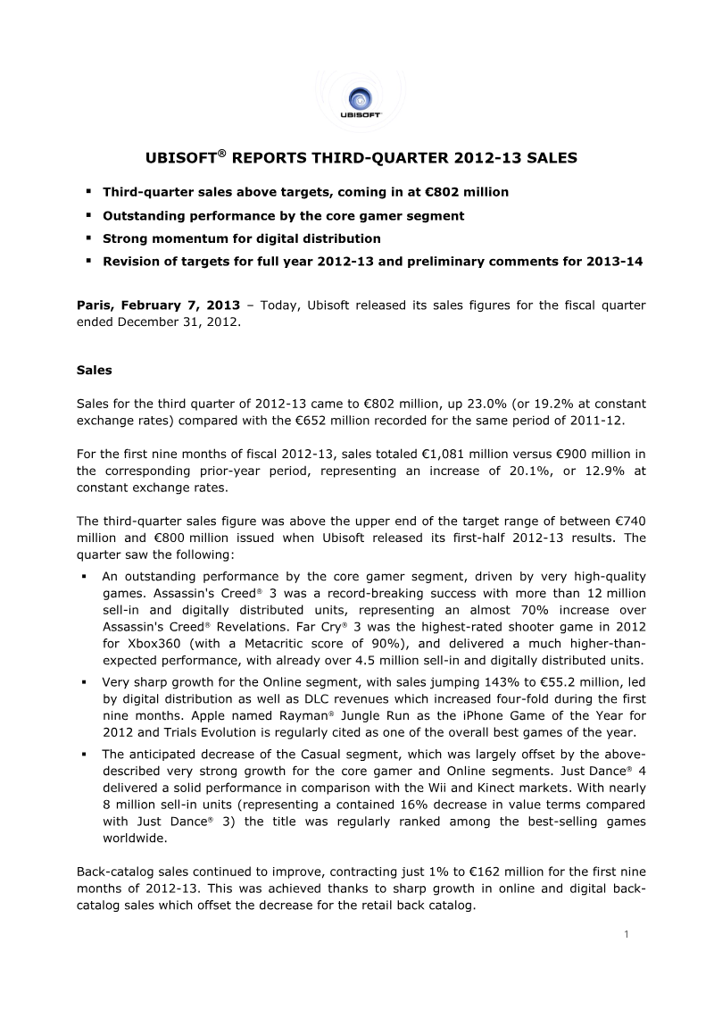 Cover of Ubisoft Third-Quarter 2012-13 Sales Report