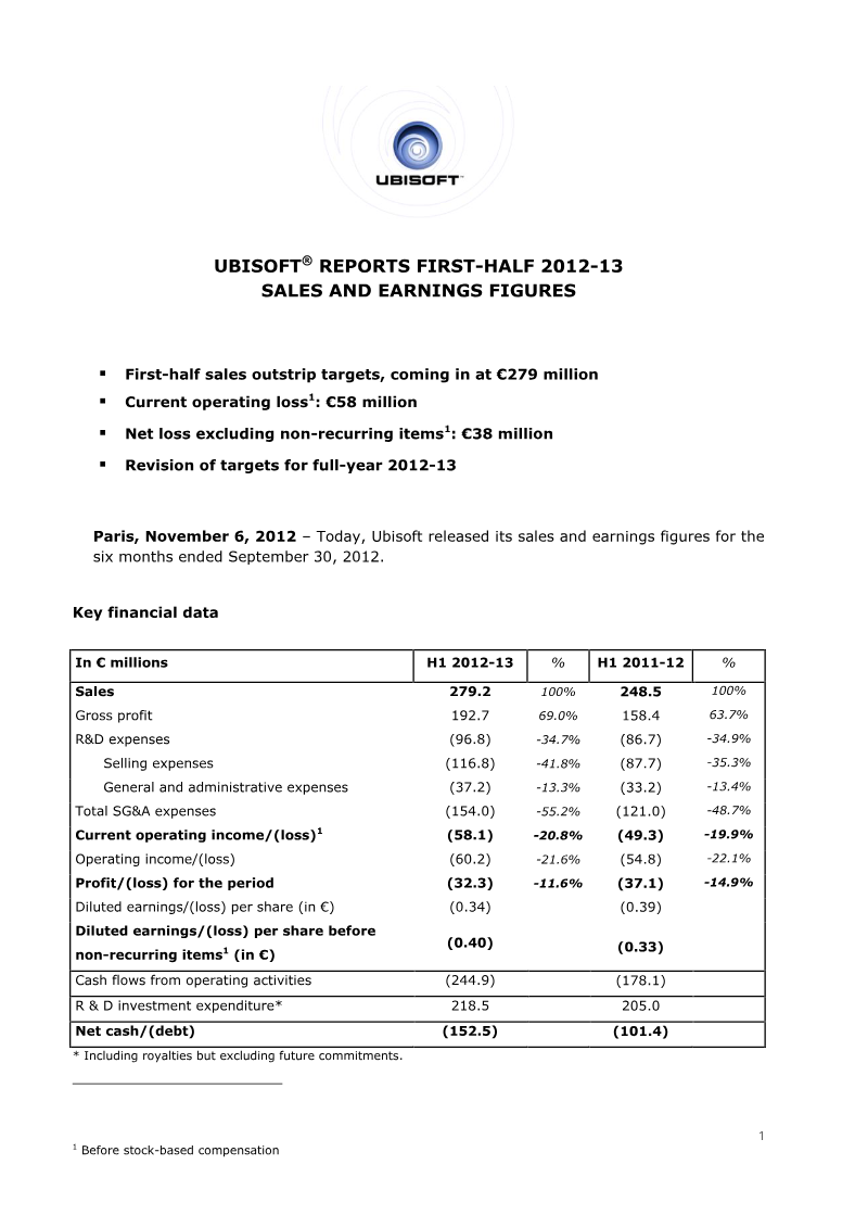 Cover of Ubisoft First-Half 2012-13 Sales and Earnings Figures