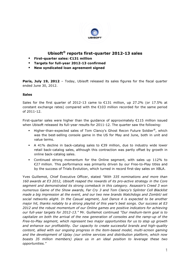 Cover of Ubisoft First-Quarter 2012-13 Sales