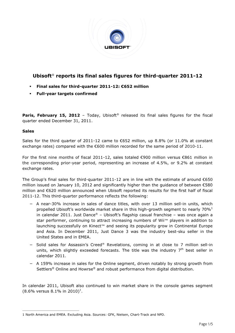 Cover of Ubisoft Q3 2011-12 Sales Figures