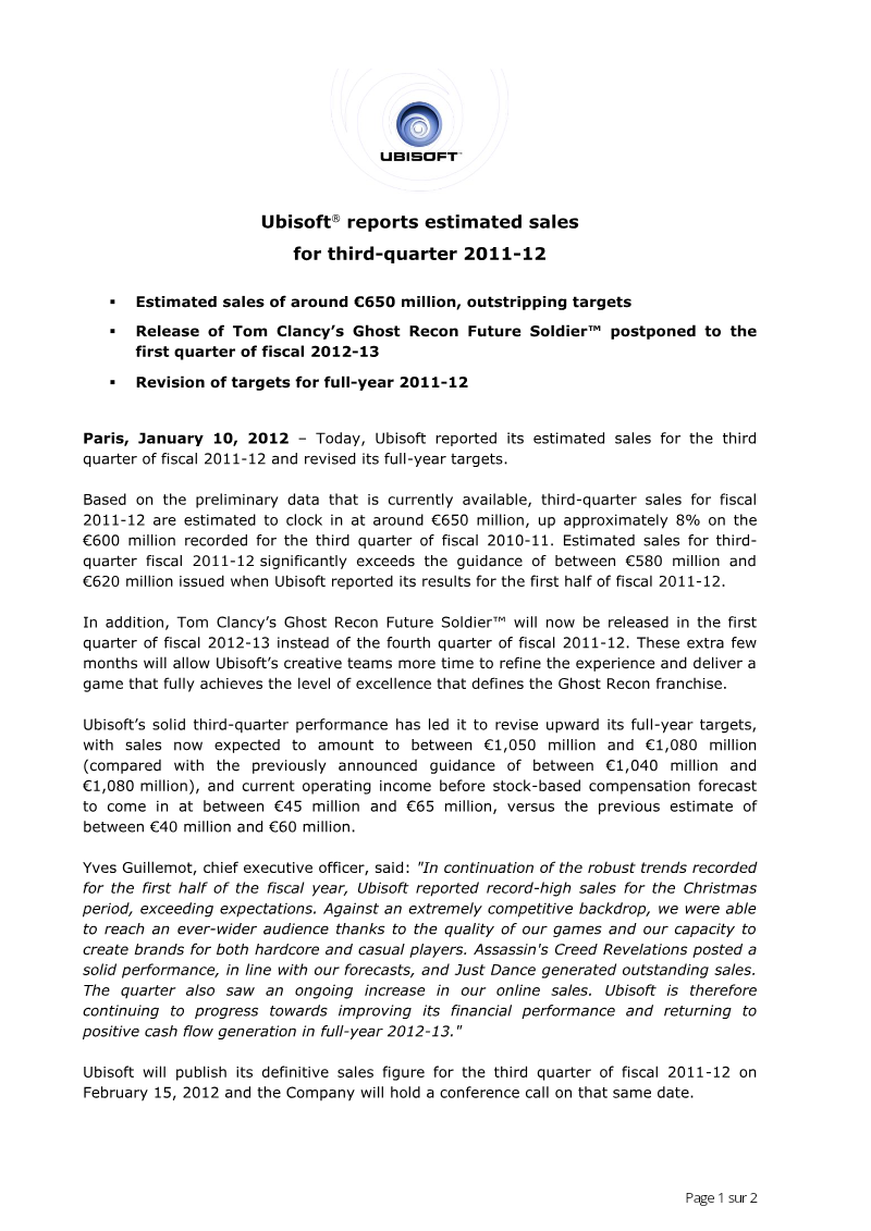 Cover of Ubisoft Third-Quarter 2011-12 Estimated Sales