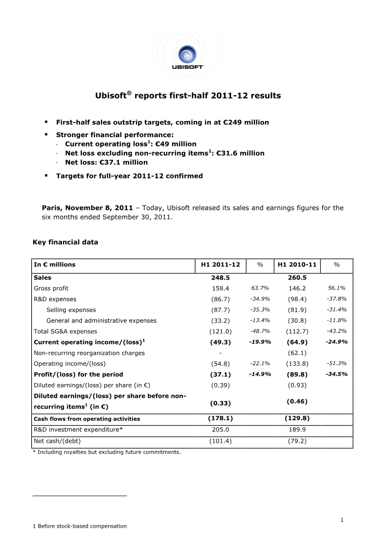 Cover of Ubisoft First-Half 2011-12 Results