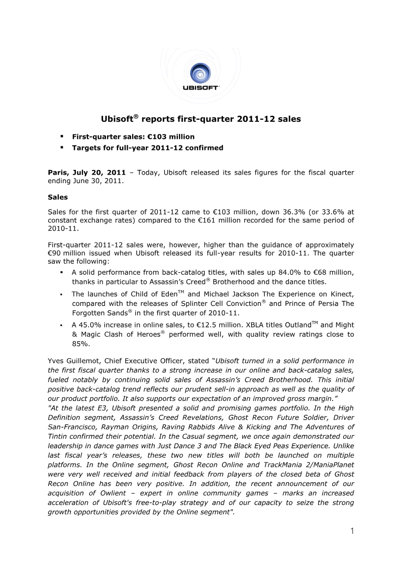 Cover of Ubisoft First-Quarter 2011-12 Sales