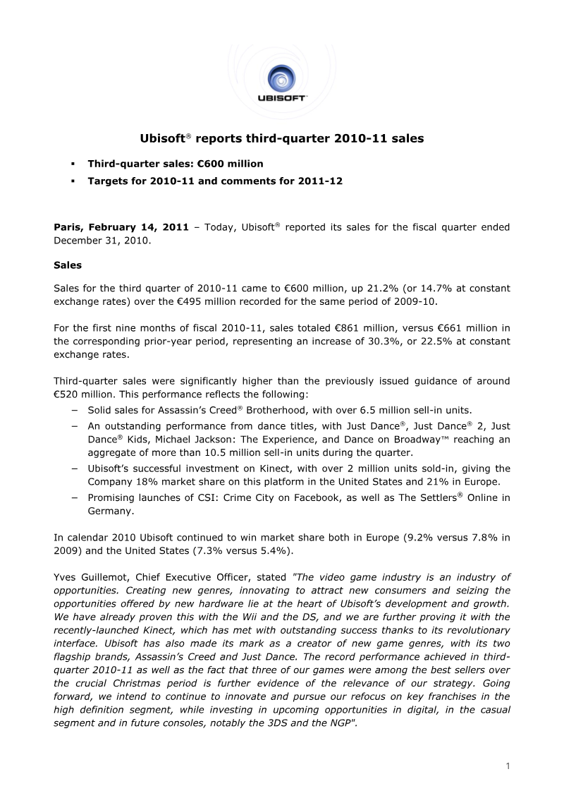 Cover of Ubisoft Third-Quarter 2010-11 Sales Results