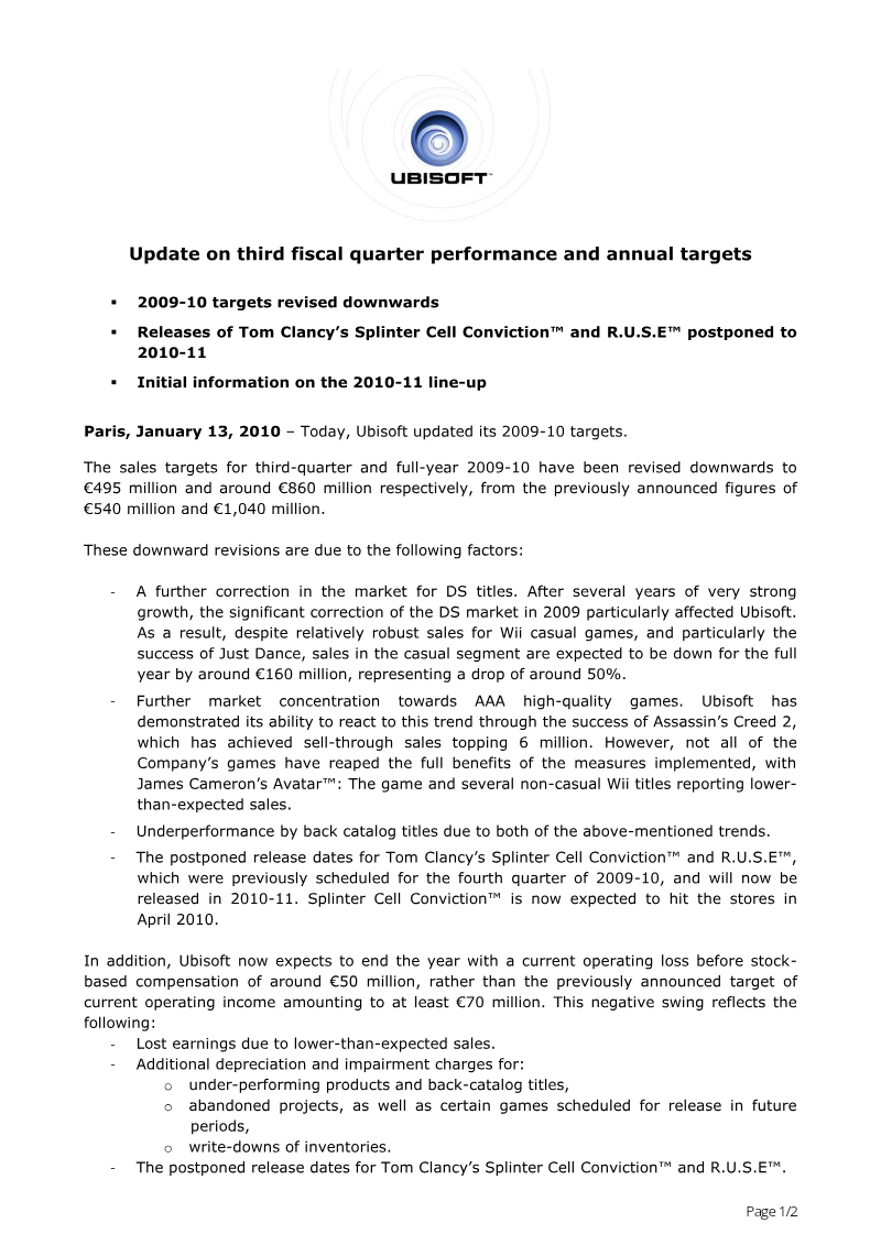 Cover of Ubisoft Update on Third Fiscal Quarter Performance and Annual Targets