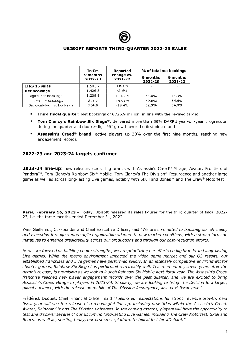 Cover of Ubisoft Third-Quarter 2022-23 Sales
