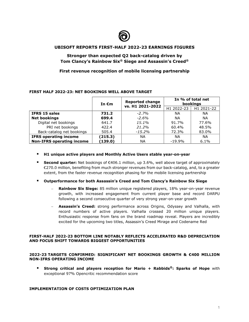 Cover of Ubisoft First-Half 2022-23 Earnings Figures