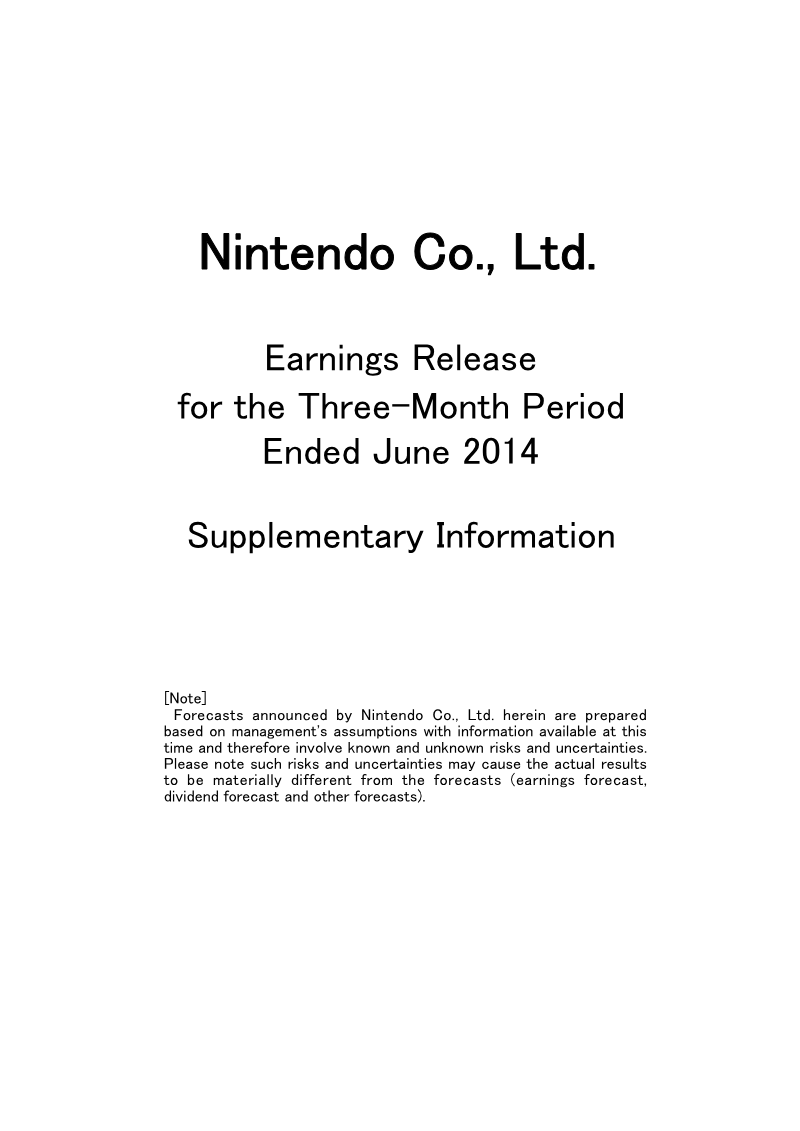Cover of Earnings Release for the Three-Month Period Ended June 2014: Supplementary Information