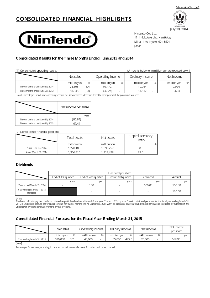 Cover of Consolidated Results for the Three Months Ended June 2013 and 2014