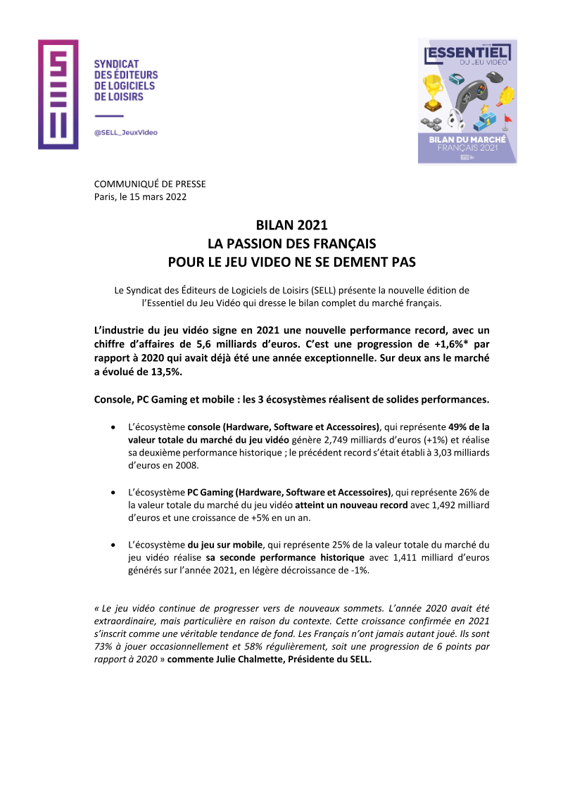 Cover of Bilan du Marché Français du Jeu Vidéo 2021