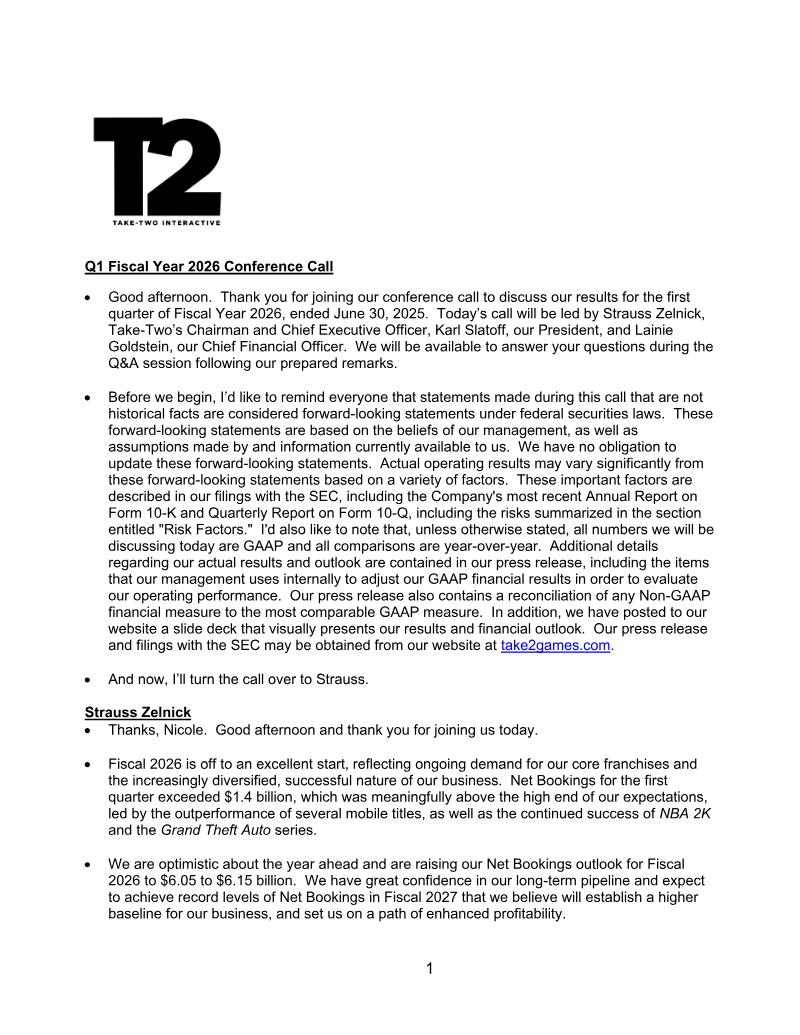 Cover of Take-Two Interactive Q1 Fiscal Year 2026 Earnings Results