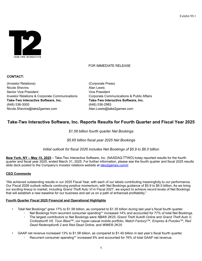 Cover of Take-Two Interactive Reports Results for Fourth Quarter and Fiscal Year 2025
