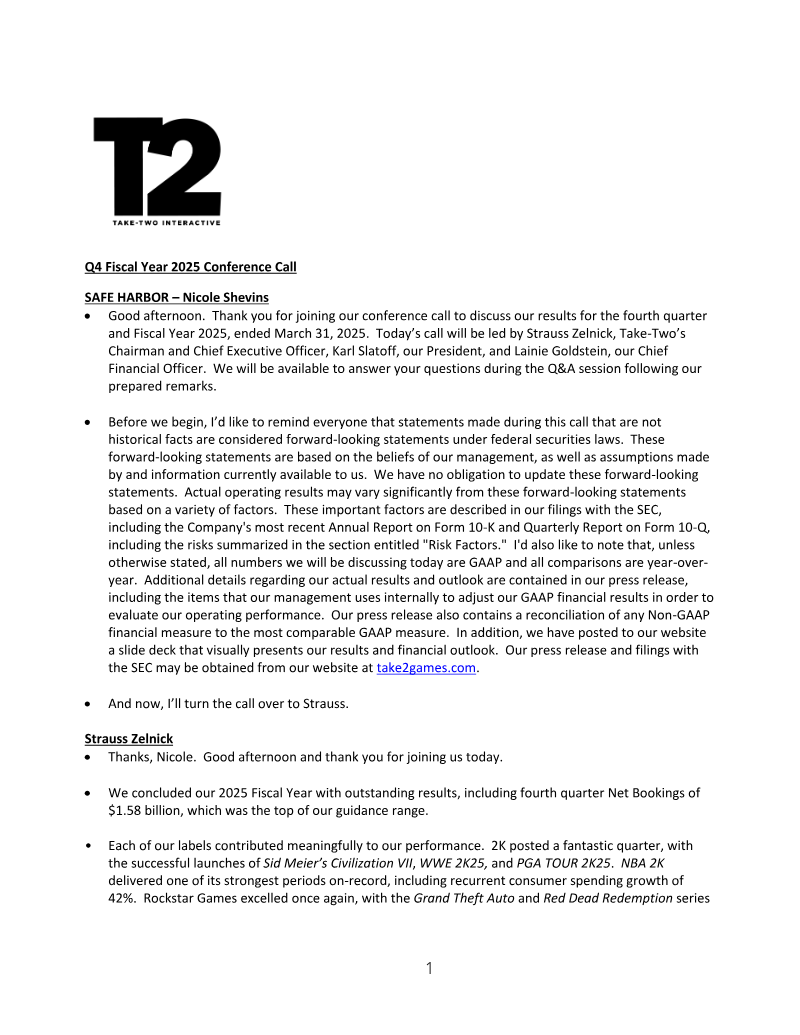 Cover of Take-Two Interactive Q4 Fiscal Year 2025 Conference Call