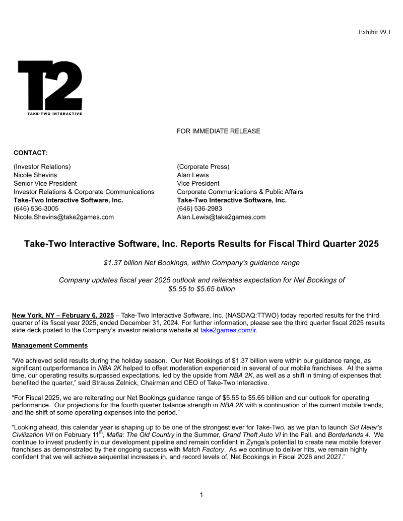 Cover of Take-Two Interactive Software, Inc. Reports Results for Fiscal Third Quarter 2025