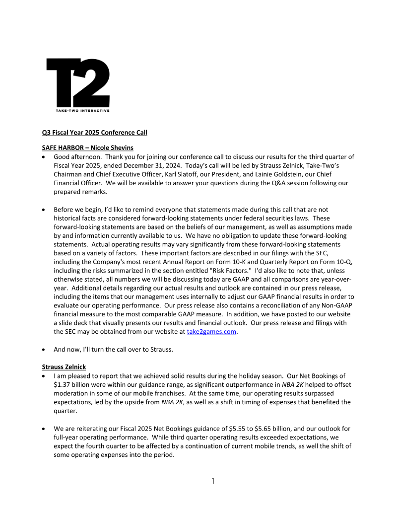 Cover of Take-Two Interactive Q3 Fiscal Year 2025 Earnings Results